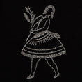 Load image into Gallery viewer, Macro detail of cream-thread embroidery on black fabric for the La Bailarina dancing-figure motif