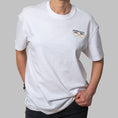 Load image into Gallery viewer, White organic cotton t-shirt with minimalist embroidered glasses and fringe detail on chest, Gordina