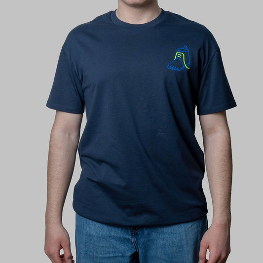 Navy organic cotton t-shirt with blue and green embroidered shoe illustration on chest, Gordina
