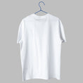 Load image into Gallery viewer, The back view of a plain white, short-sleeved t-shirt hanging on a blue wire hanger against a light grey background.
