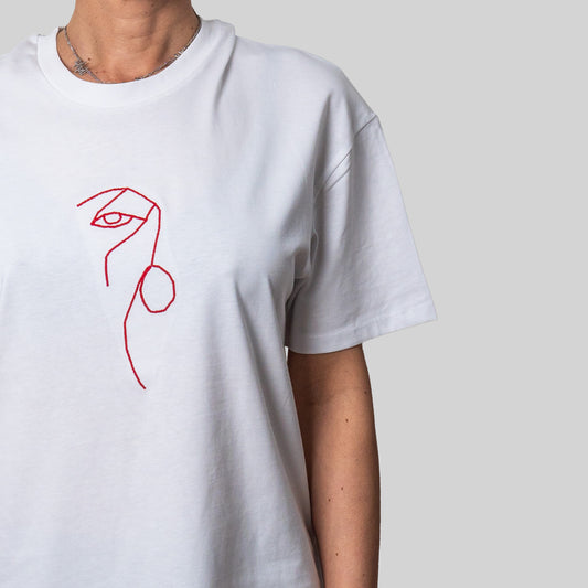 White organic cotton t-shirt with minimalist red line face embroidery on chest, Gordina