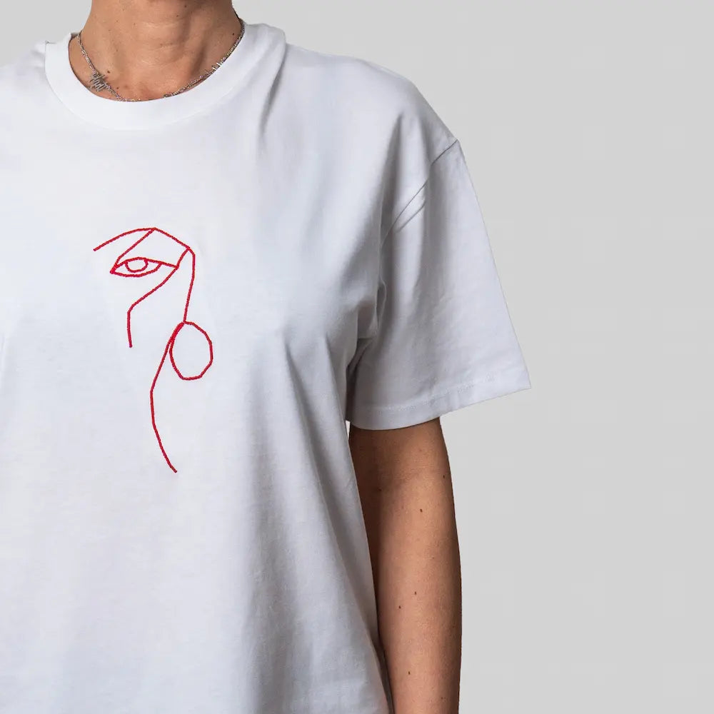 White organic cotton t-shirt with minimalist red line face embroidery on chest, Gordina