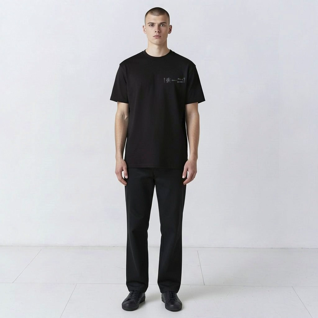 Undeciphered embroidered T-shirt in black, front view close-up