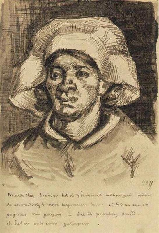 Sketch of a woman wearing a headscarf with text below