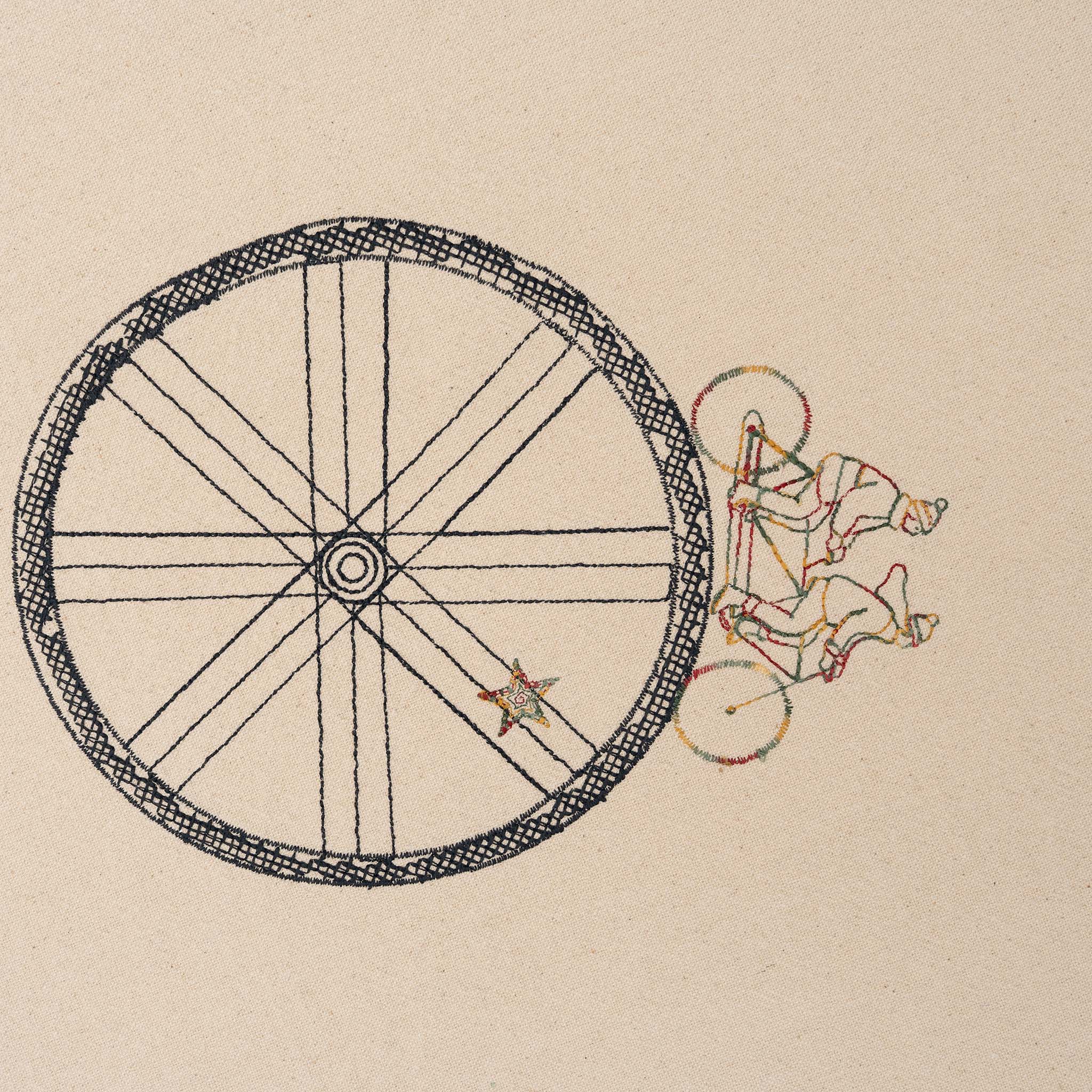 Large embroidered cotton tablecloth with bicycle motif, handmade in the Netherlands, celebrating movement and connection.
