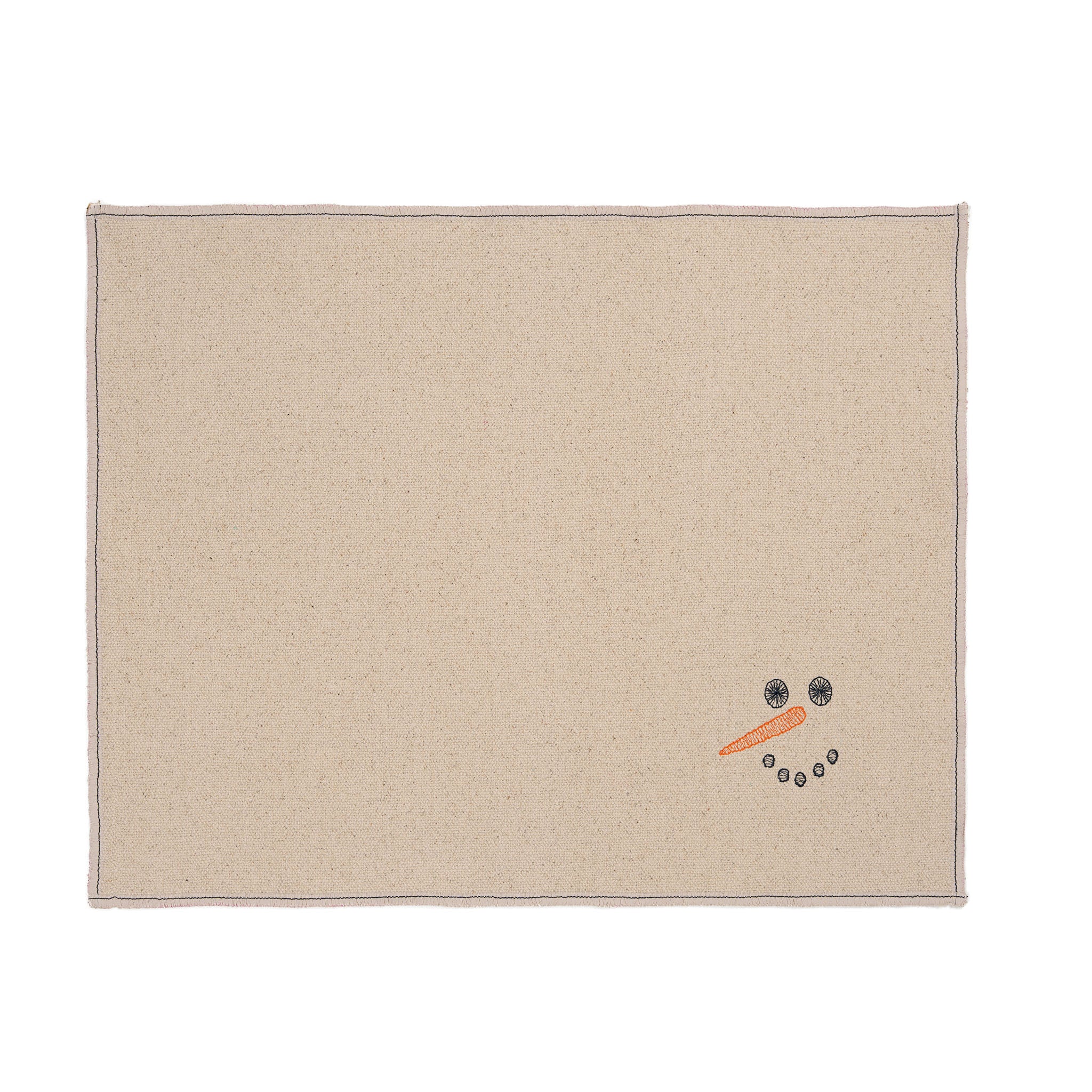 Set of four embroidered cotton placemats with playful snowman design, handmade for winter dining and festive tables.
