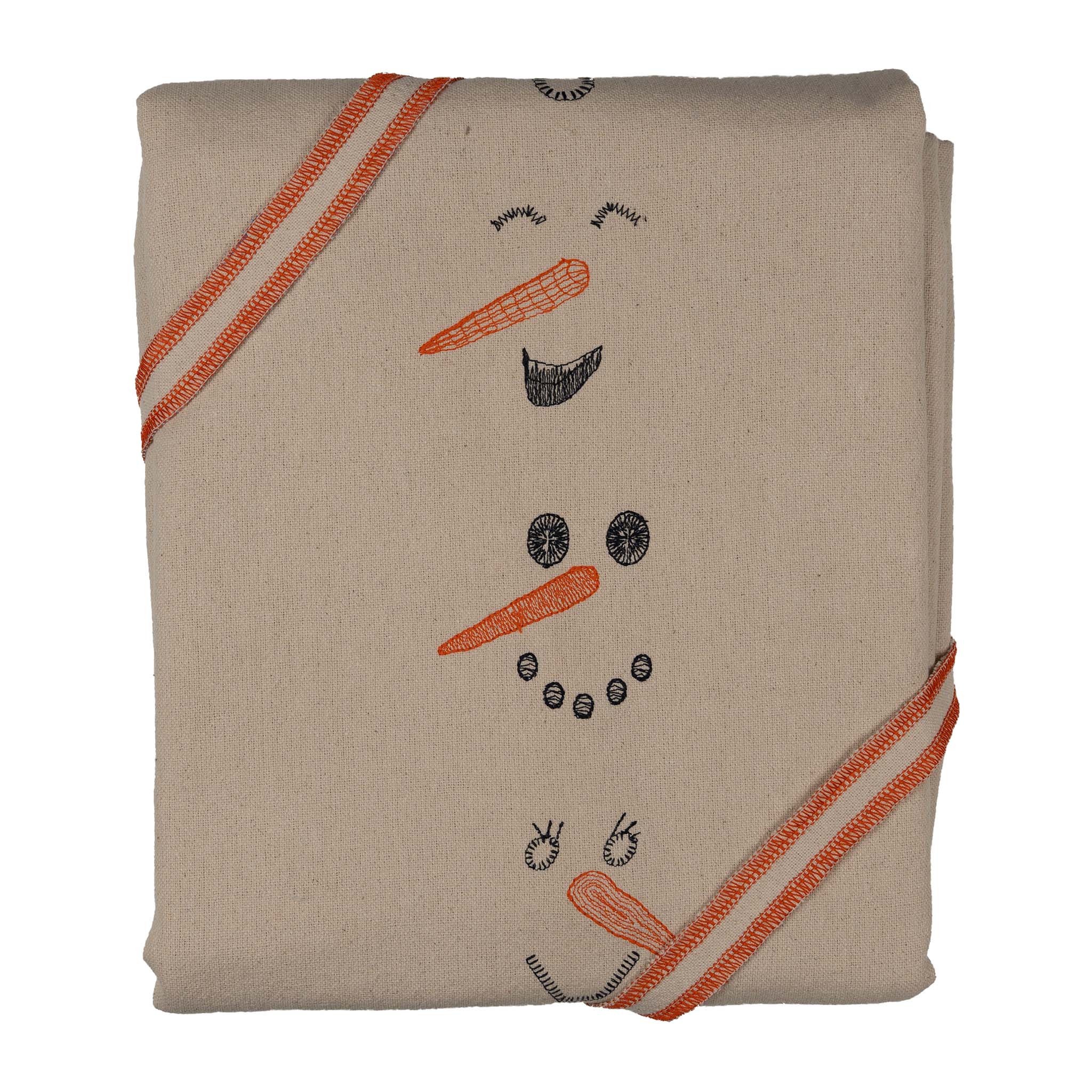 Winter-inspired embroidered cotton tablecloth with snowman motif, symbolizing childlike joy and family moments.
