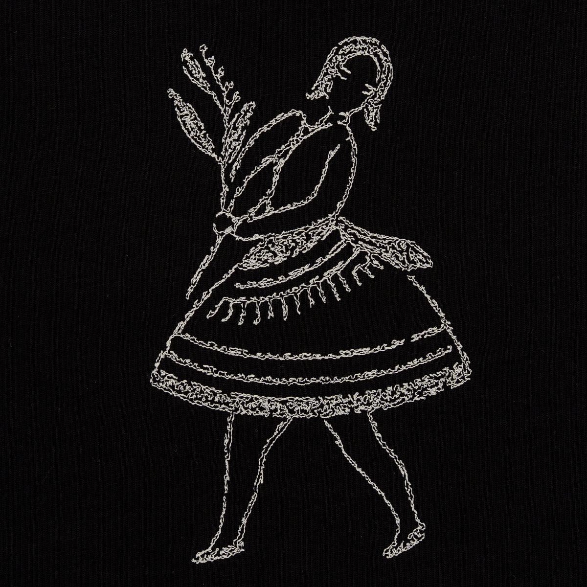 Macro detail of cream-thread embroidery on black fabric for the La Bailarina dancing-figure motif