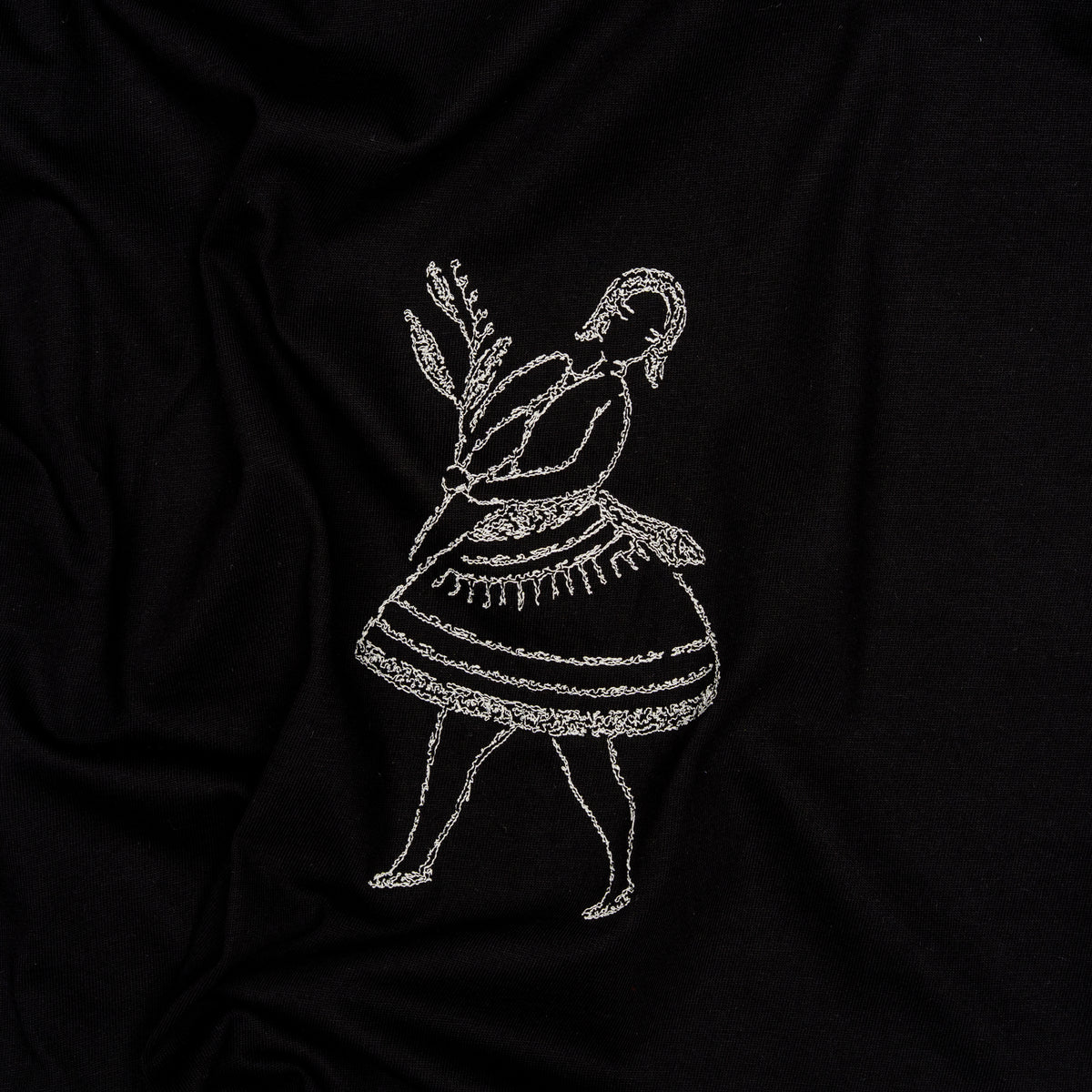 Close-up of individual cream stitches in the La Bailarina embroidery on black cotton