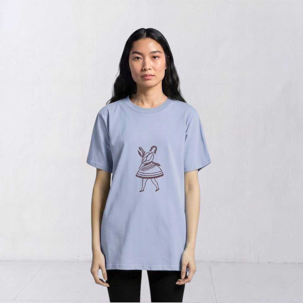 Front view of the La Bailarina powder T-shirt with burgundy embroidery centred on the chest