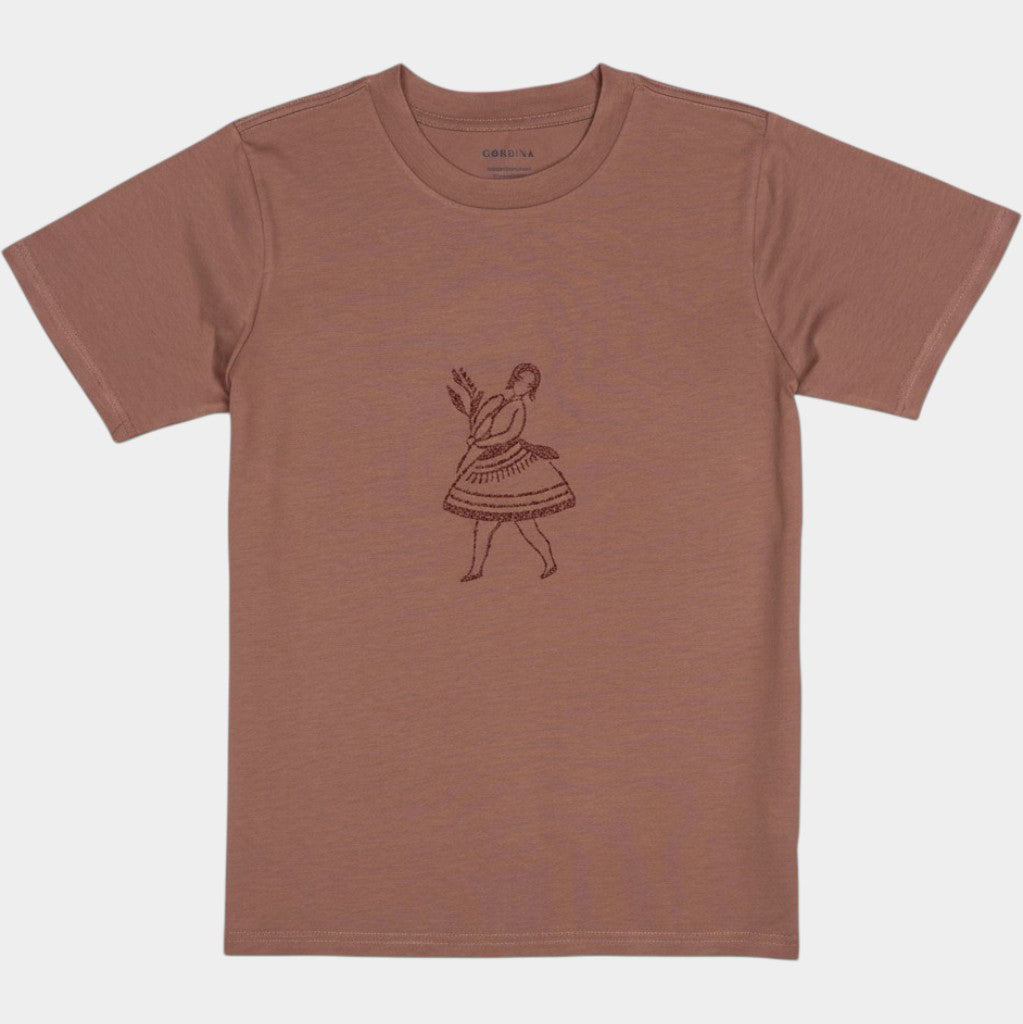 La Bailarina terracotta T-shirt laid flat with the dancing-figure motif centred on the chest