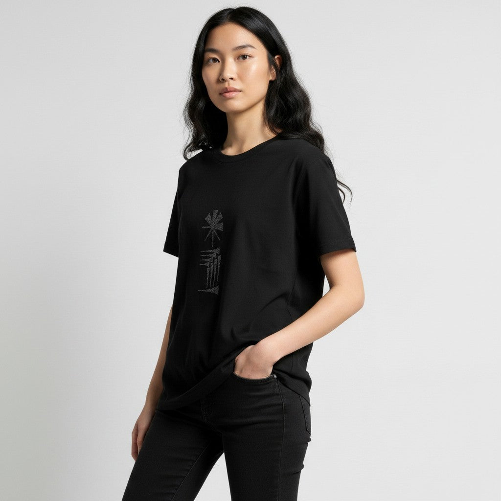 Star and House black T-shirt with cuneiform embroidery, model three-quarter front view