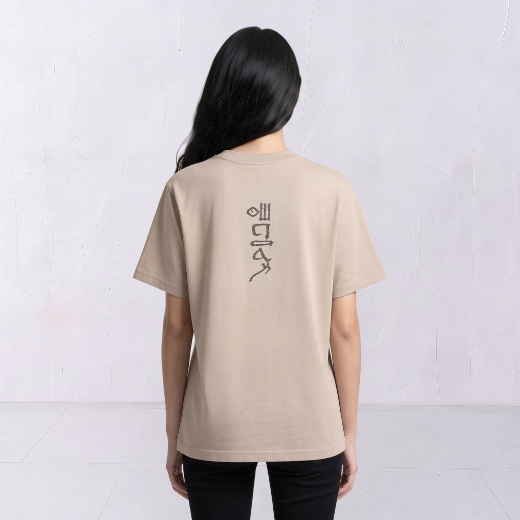 The Papyrus women’s embroidered T-shirt in bone with a vertical hieroglyphic-style upper-back motif