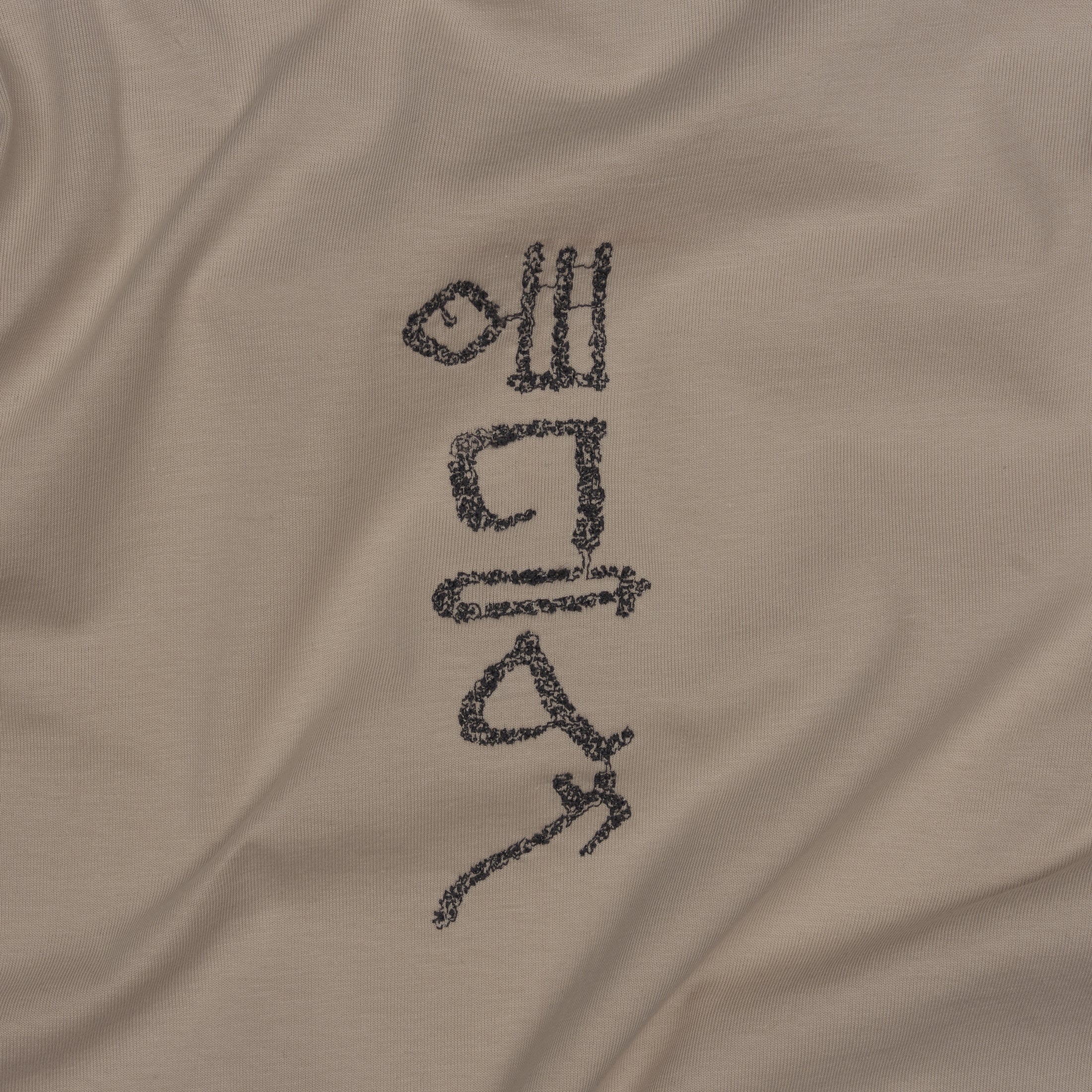 Close-up of the hieroglyphic-style embroidery on The Papyrus women’s bone T-shirt