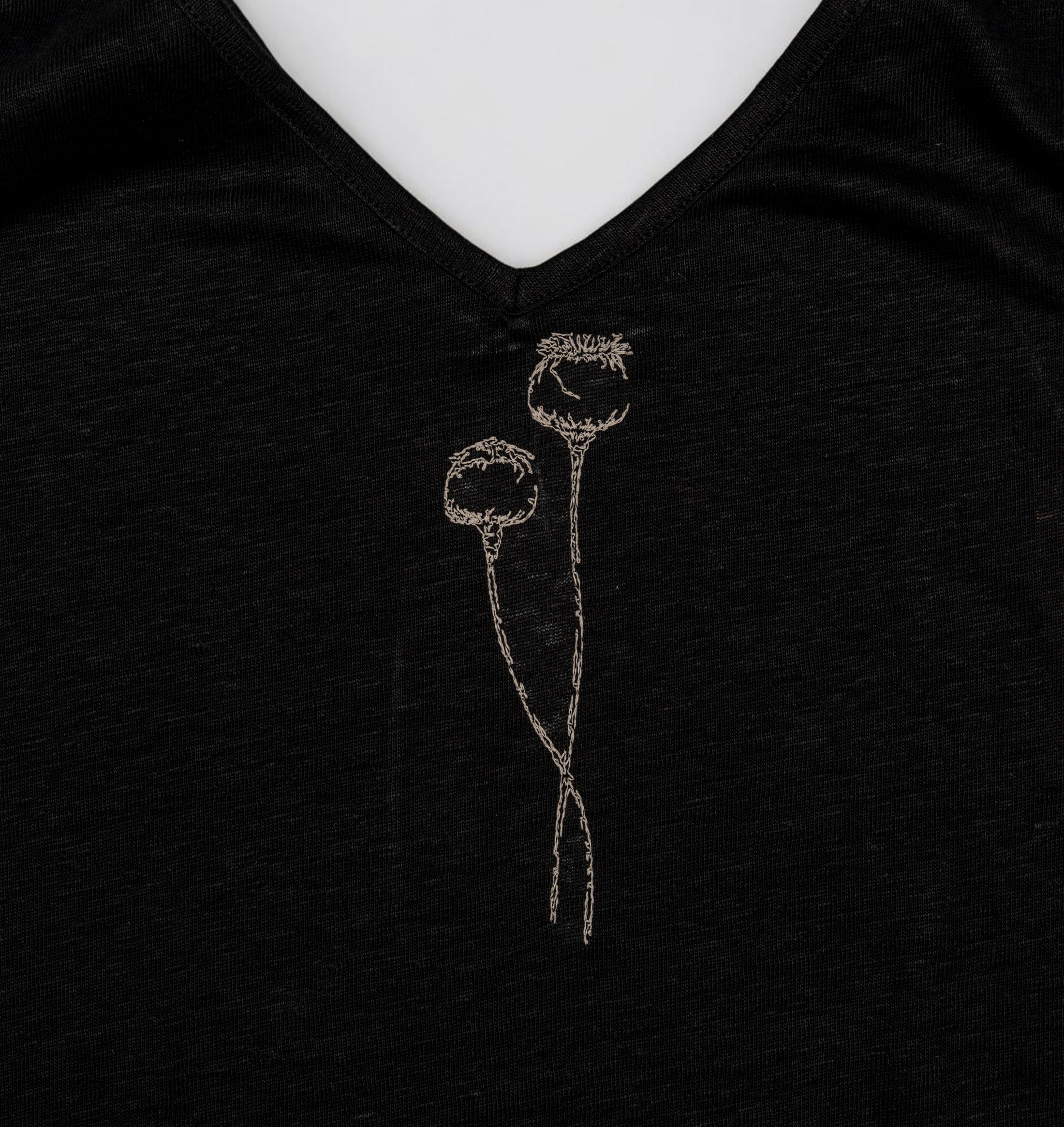 Wider neckline detail of The Poppy Black linen tank top embroidery