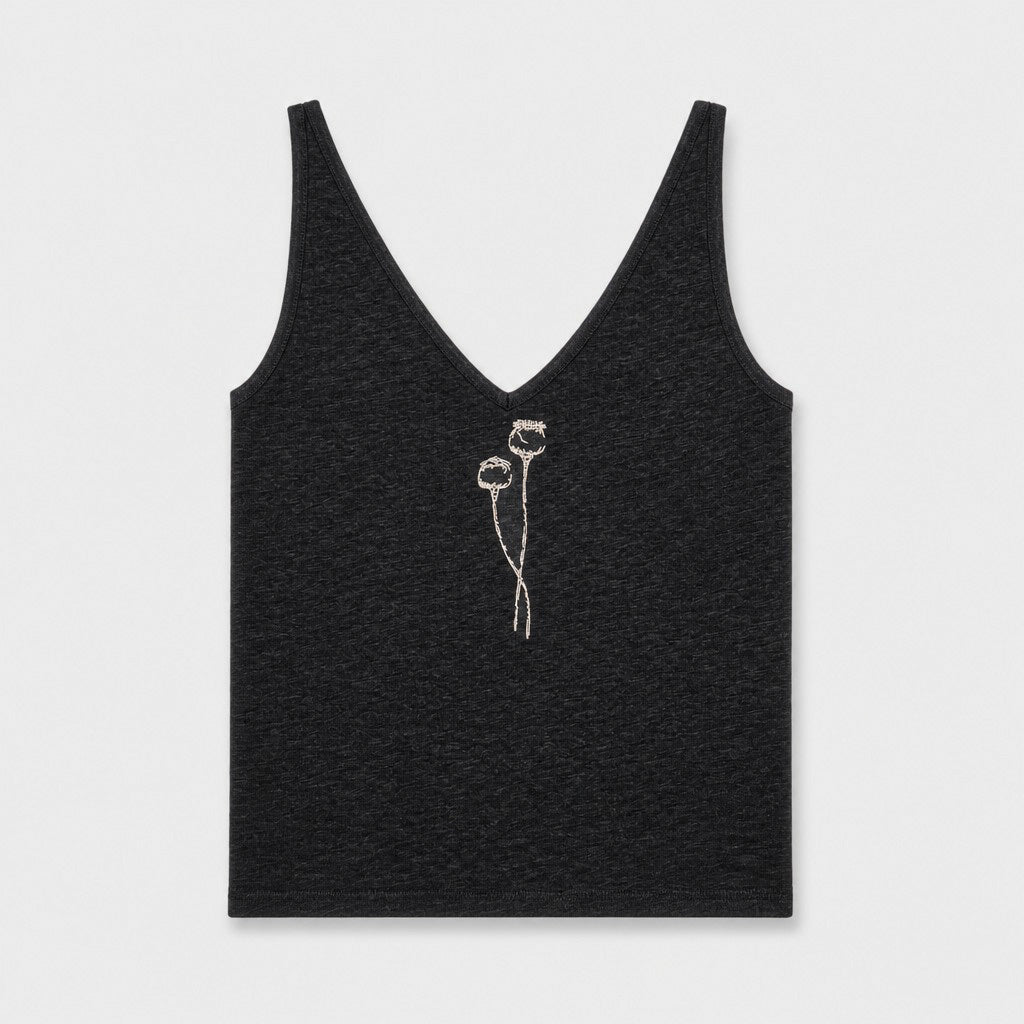 Flat lay of The Poppy Black linen tank top showing the embroidered neckline