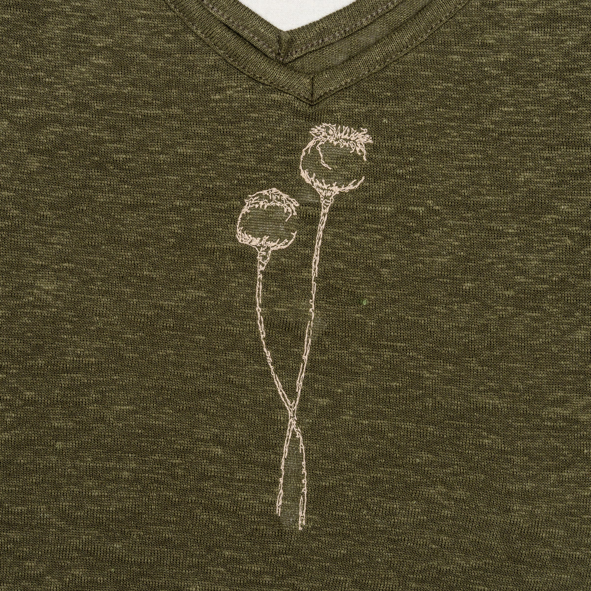 Wider neckline detail of The Poppy Olive Green linen tank top embroidery