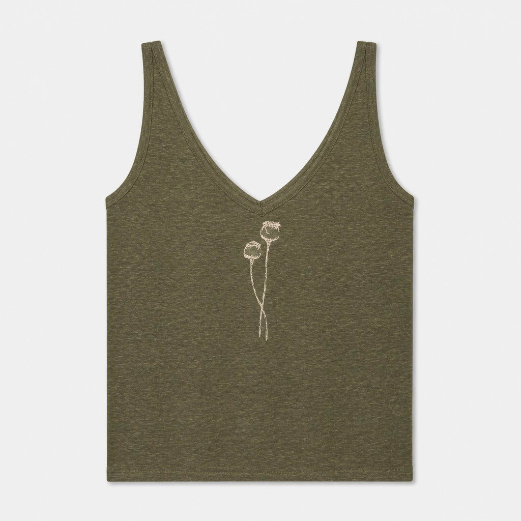 Flat lay of The Poppy Olive Green linen tank top showing the embroidered neckline
