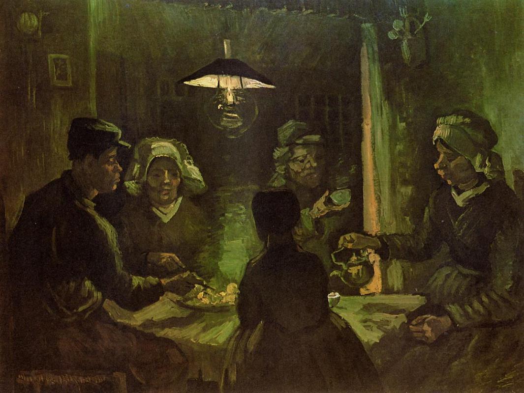 Five figures sharing a meal beneath a hanging lamp in The Potato Eaters by Vincent van Gogh, 1885.