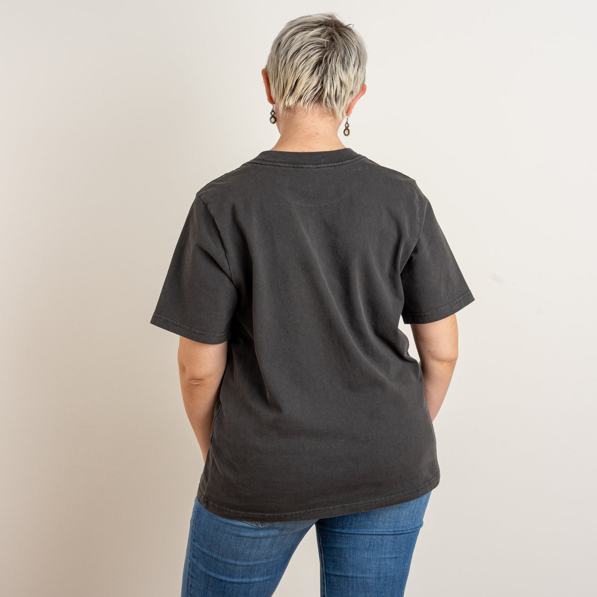 Back view of The Ward Faded Black women's heavyweight T-shirt; the Faded Black colour has front embroidery only.
