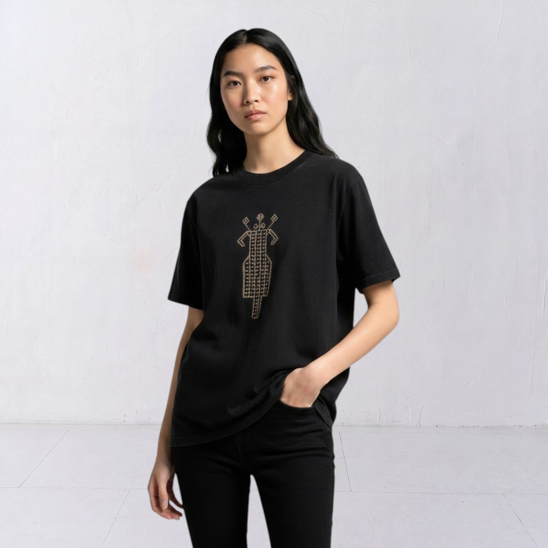 The Ward Faded Black women’s T-shirt with cream embroidery, closer front view