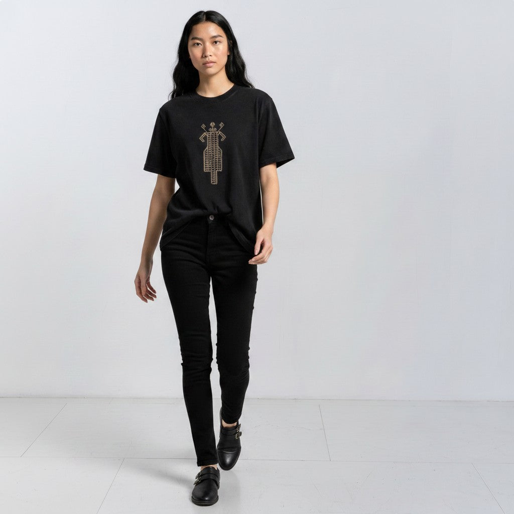 The Ward Faded Black women’s T-shirt with cream embroidery, full-length front view