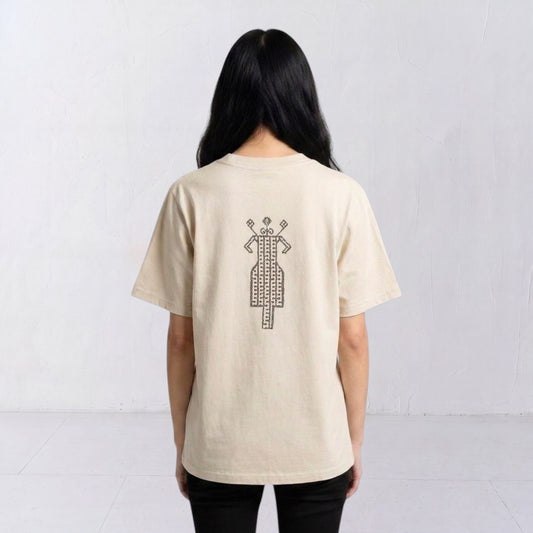 The Ward Faded Bone women’s T-shirt with reddish horse-and-rider embroidery, back view