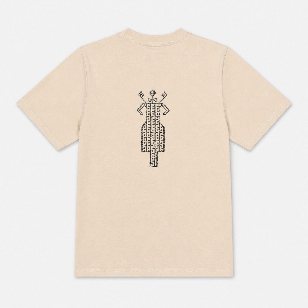 The Ward Faded Bone women’s T-shirt flat lay showing the reddish horse-and-rider embroidery