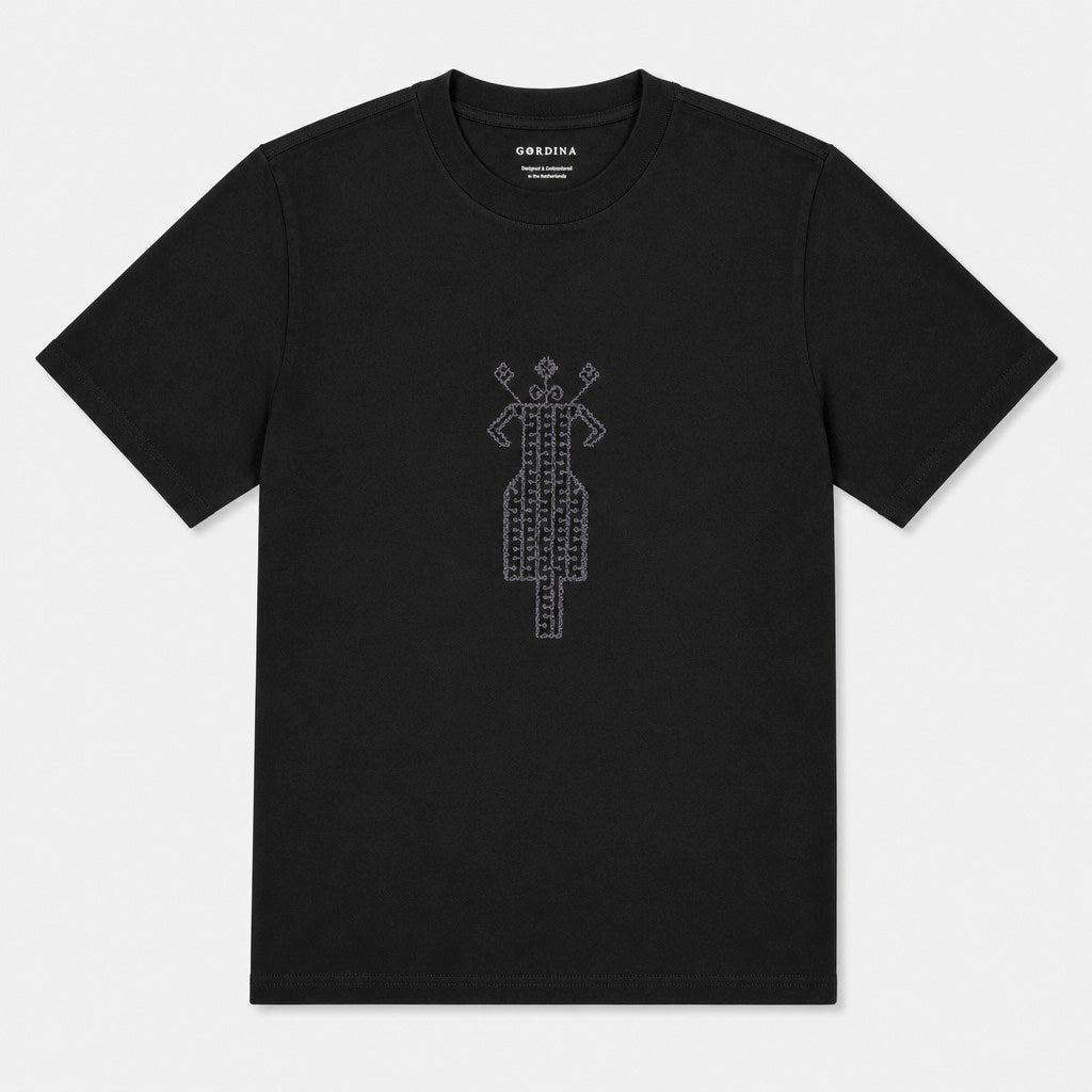 The Ward Faded Coal women’s T-shirt flat lay showing the tonal embroidery