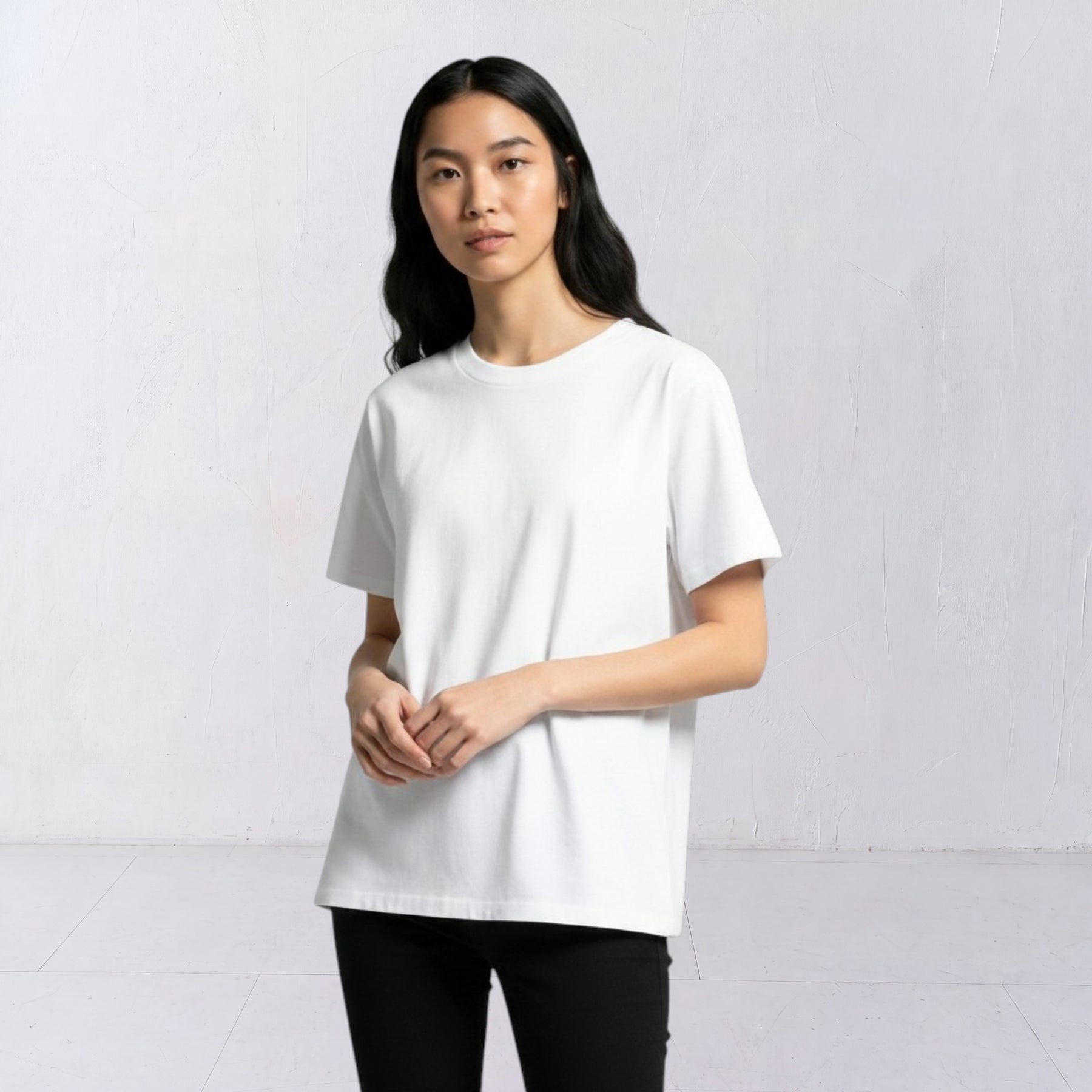 Water and Garden white T-shirt, model front view