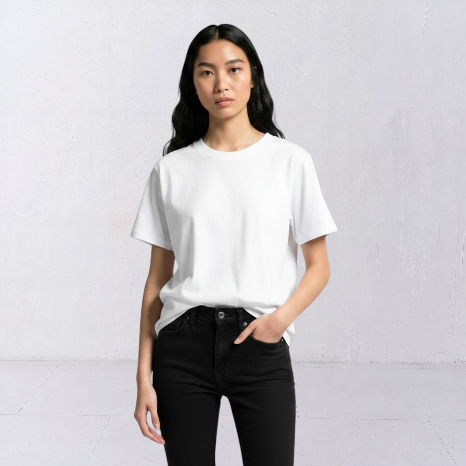 Water and Garden white T-shirt, model three-quarter front view
