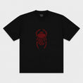 Load image into Gallery viewer, Front flat lay of the black Gordina Scarab T-shirt with centered red scarab embroidery.
