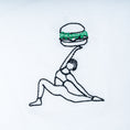 Load image into Gallery viewer, Close-up of white organic cotton t-shirt with yoga figure holding burger embroidery, Gordina
