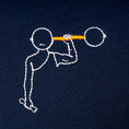 Charger l'image dans la visionneuse de la galerie, Navy organic cotton embroidered t-shirt with minimalist weightlifting figure design, flat lay, Gordina
