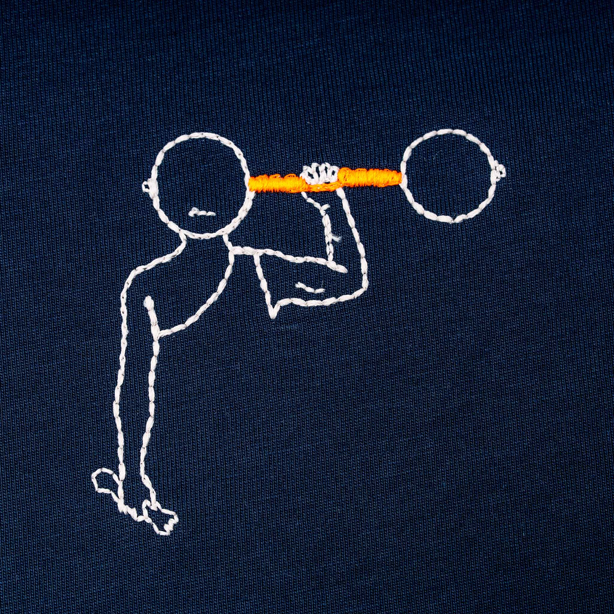 Navy organic cotton embroidered t-shirt with minimalist weightlifting figure design, flat lay, Gordina