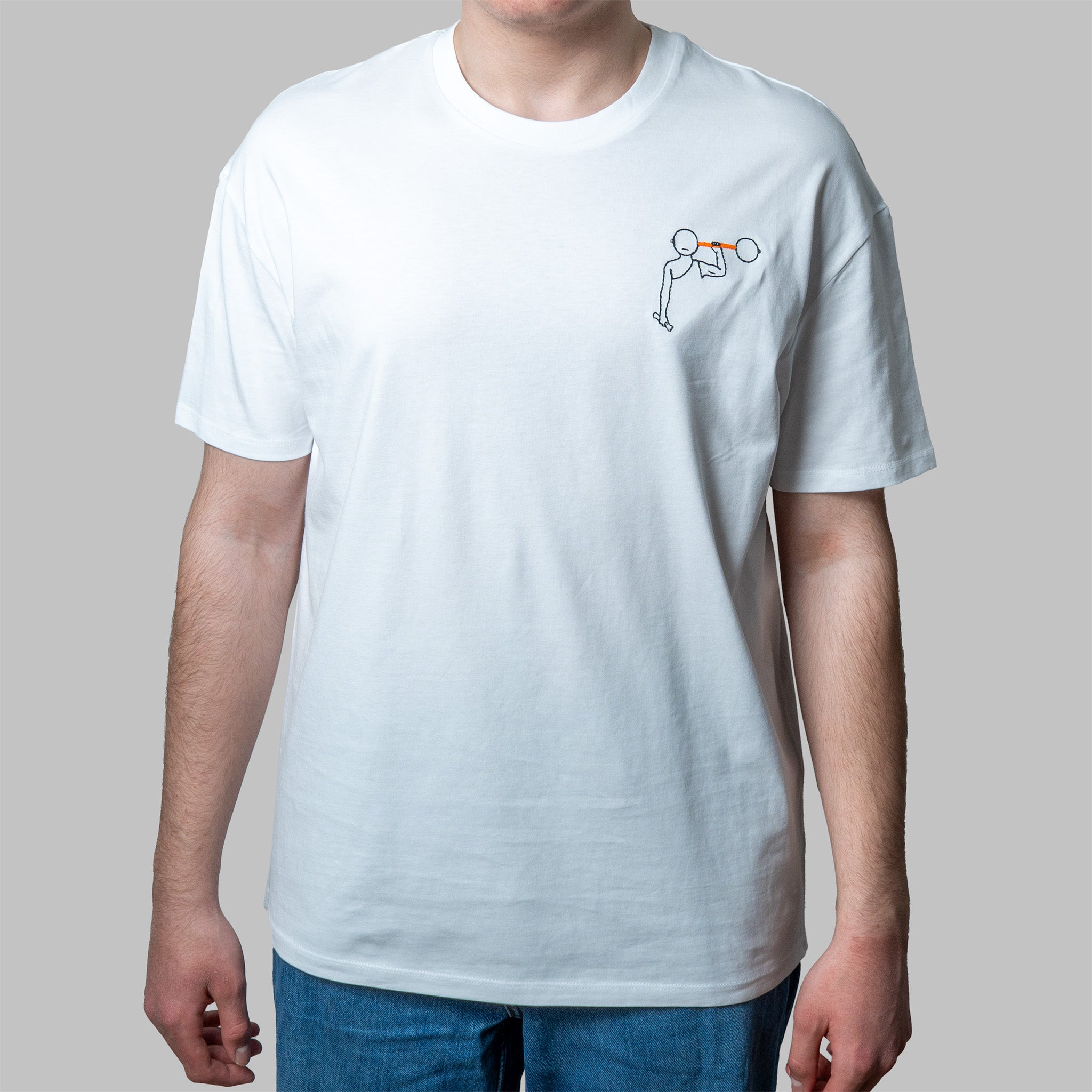 White organic cotton t-shirt with minimalist figure lifting weight embroidery on chest, Gordina