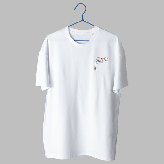 A white t-shirt on a blue wire hanger against a light grey background. It features a small embroidered design on the left chest depicting a simple black line-art figure lifting an orange barbell over their head.
