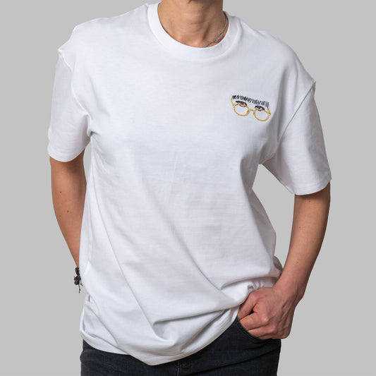 White organic cotton t-shirt with minimalist embroidered glasses and fringe detail on chest, Gordina