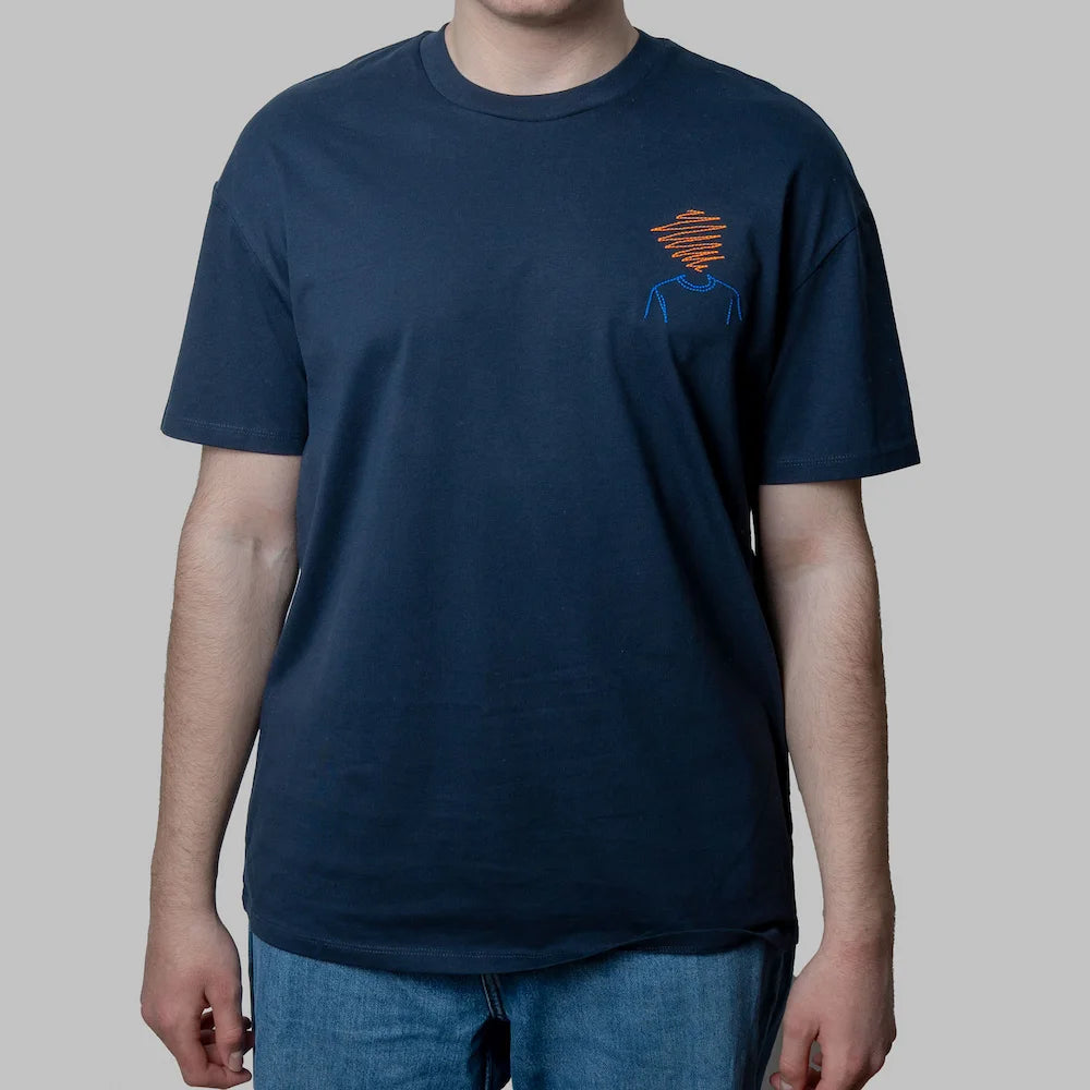 Navy organic cotton t-shirt with abstract head embroidery in orange and blue on chest, Gordina