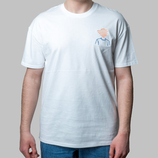 White organic cotton t-shirt with abstract head embroidery in orange and blue on chest, Gordina