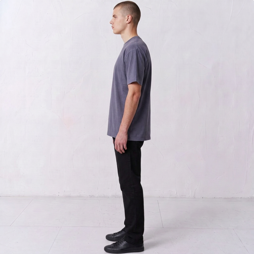Side view of a model wearing the Gordina Unsigned faded indigo heavyweight T-shirt.